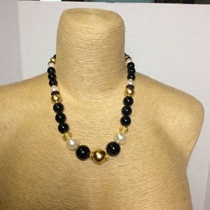 Black/White/Gold Bead Necklace with Earrings, New